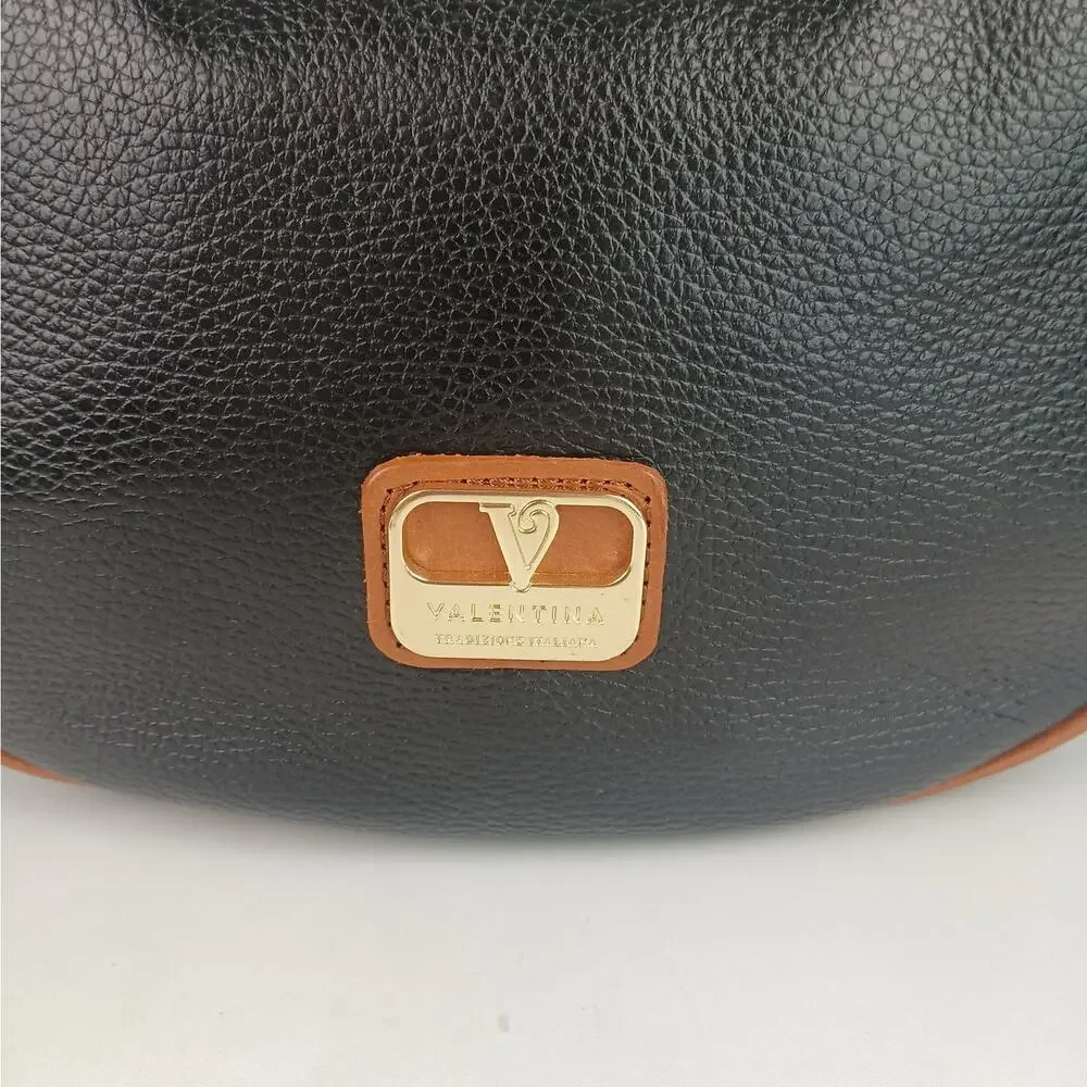 Valentina Hobo Bag Genuine Pebbled Leather Black Brown Trim Original Tags